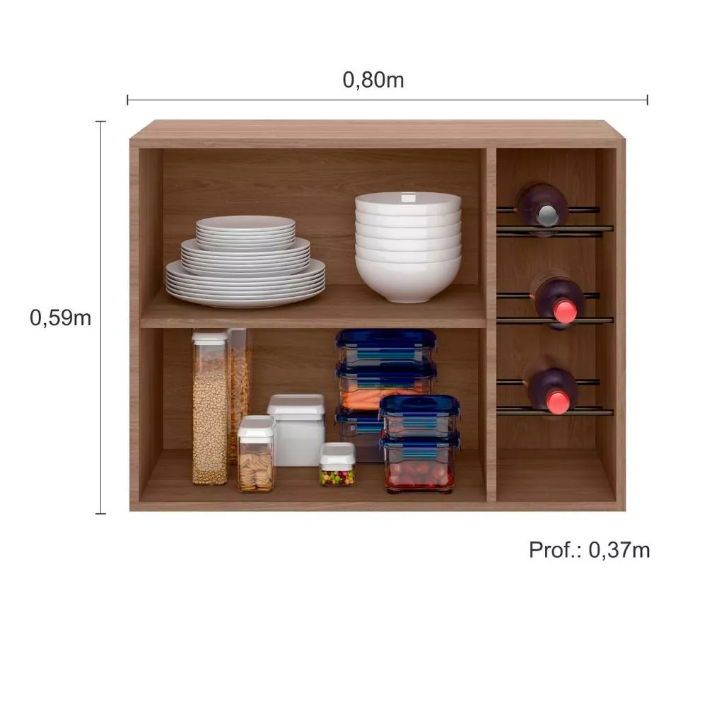 Armário Aéreo 80 cm 1 Porta Vidro Fumê com Adega Etna Poliman Móveis