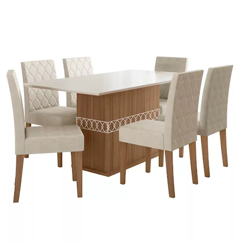 Conjunto Sala de Jantar Mesa com Tampo Chanfrado Agata 6 Cadeiras Estofadas Jade Poliman