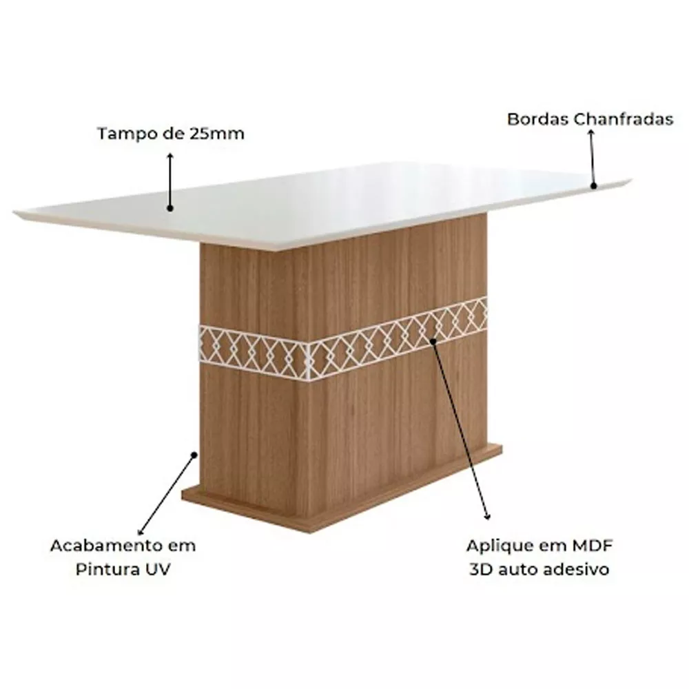 Conjunto Sala de Jantar Mesa com Tampo Chanfrado Agata 6 Cadeiras Estofadas Jade Poliman