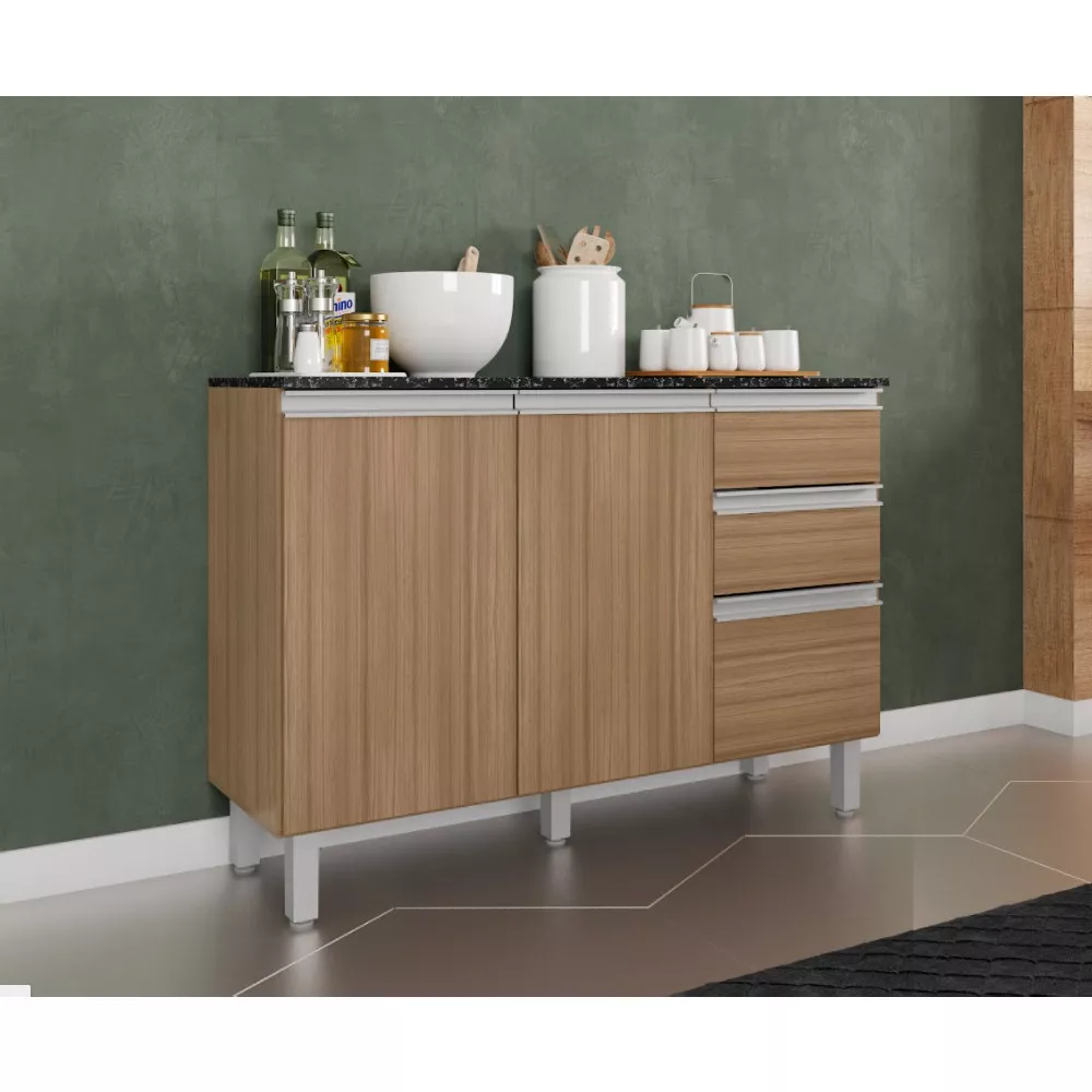 Balcão com Tampo 120 cm 3 portas 2 Gavetas Paris