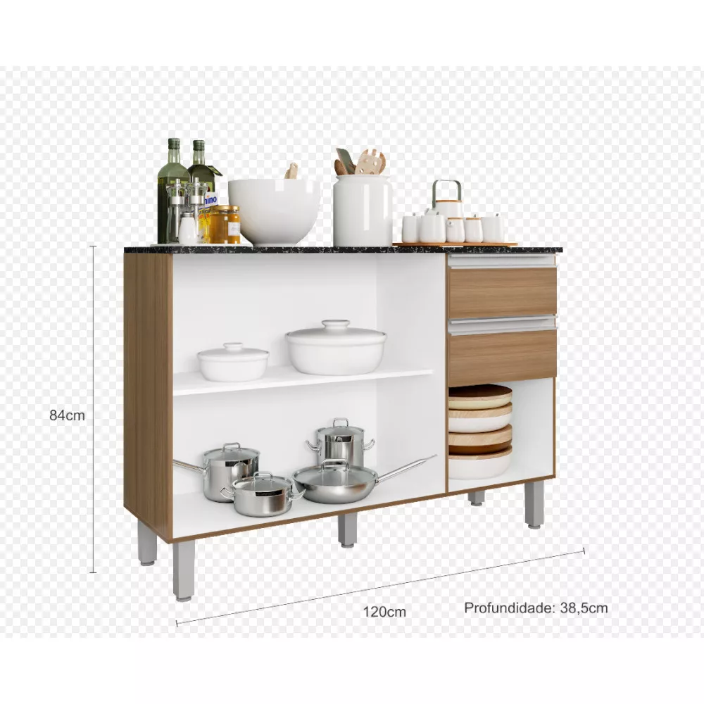 Balcão com Tampo 120 cm 3 portas 2 Gavetas Paris