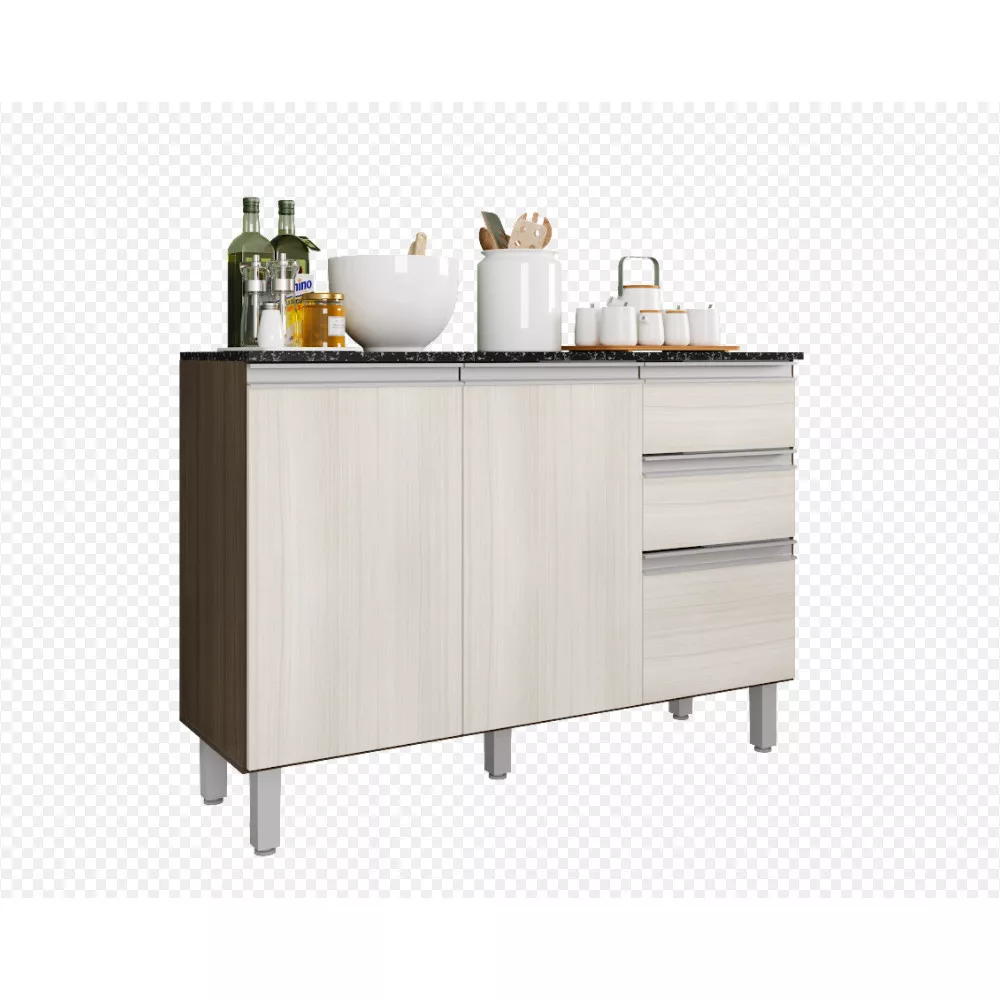 Balcão com Tampo 120 cm 3 portas 2 Gavetas Paris