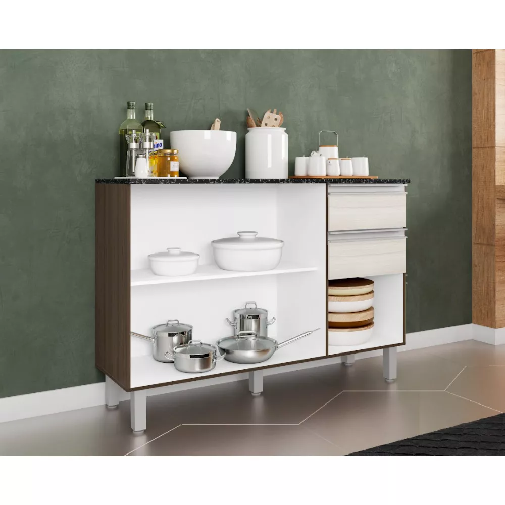 Balcão com Tampo 120 cm 3 portas 2 Gavetas Paris