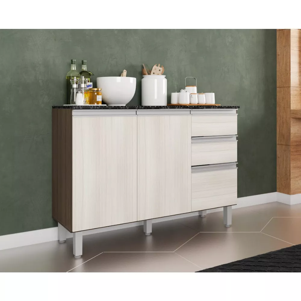 Balcão com Tampo 120 cm 3 portas 2 Gavetas Paris