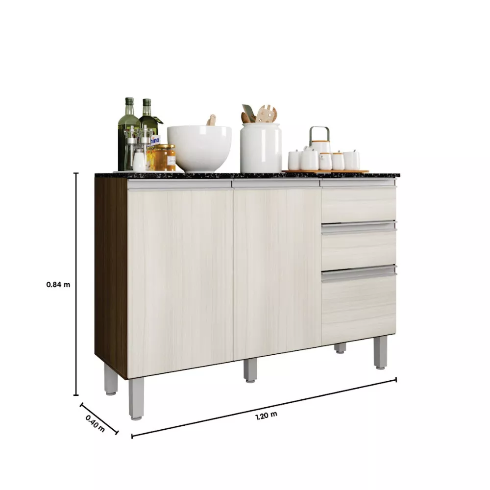 Balcão com Tampo 120 cm 3 portas 2 Gavetas Paris