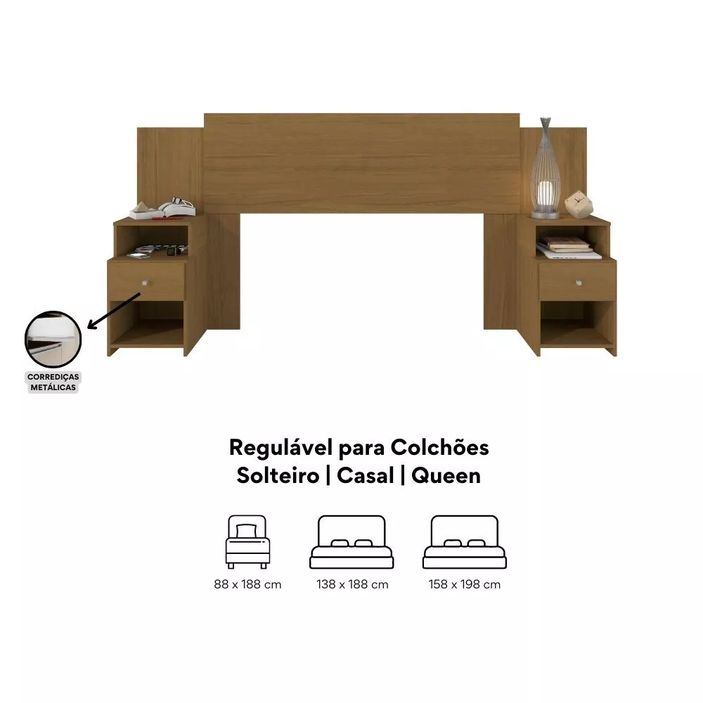 Cabeceira Extensível Cama Solteiro, Casal e Queen com Mesa de Cabeceira Maceió Poliman Móveis