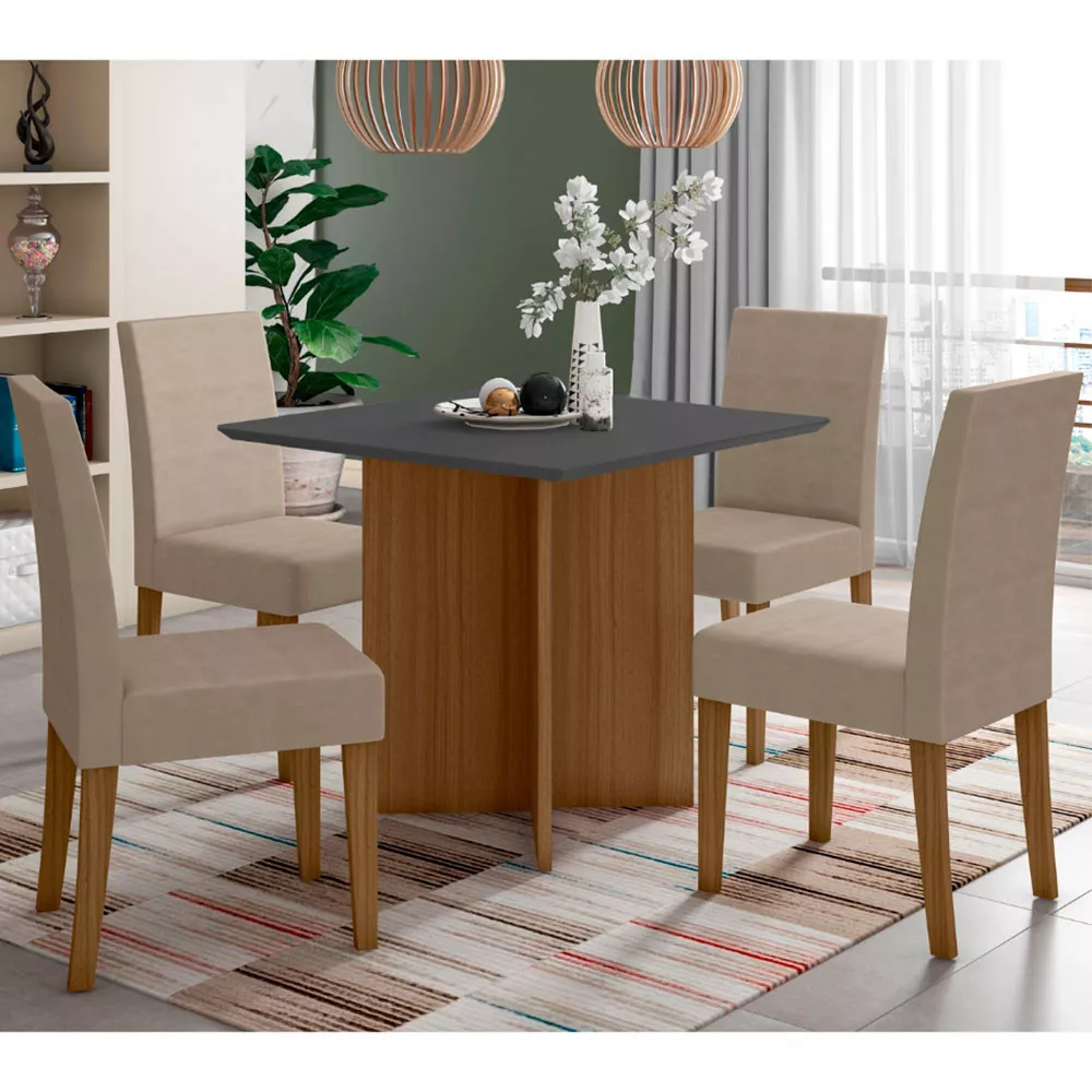 Conjunto Sala de Jantar Quadrada Mesa Helo 90cm e 04 Cadeiras Josi Poliman Móveis