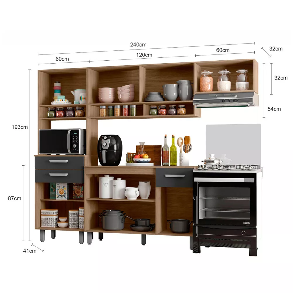 Cozinha Compacta 8 Portas 2 Gavetas e Balcão com Tampo Siena Poliman Móveis
