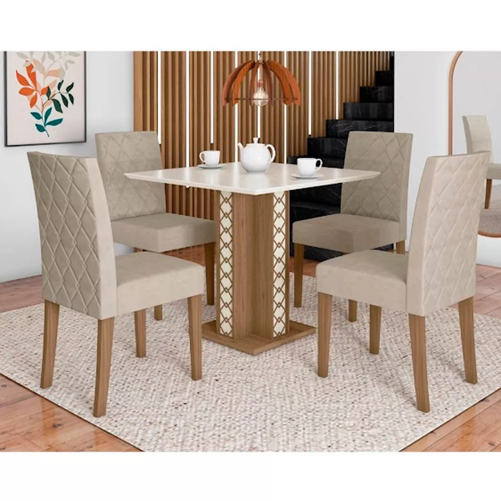 Image 0 of 7 of Conjunto Sala de Jantar Mesa com Tampo Chanfrado Isis 4 Cadeiras Estofadas Jade Poliman