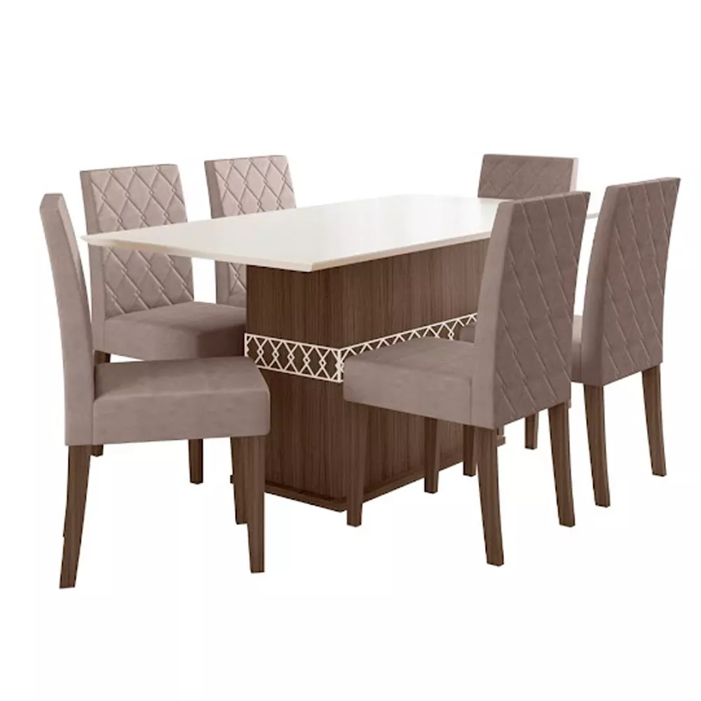 Conjunto Sala de Jantar Mesa com Tampo Chanfrado Agata 6 Cadeiras Estofadas Jade Poliman