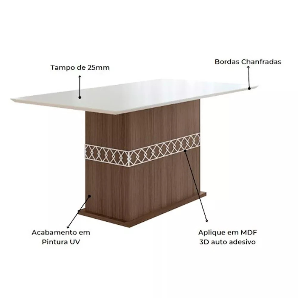 Conjunto Sala de Jantar Mesa com Tampo Chanfrado Agata 6 Cadeiras Estofadas Jade Poliman