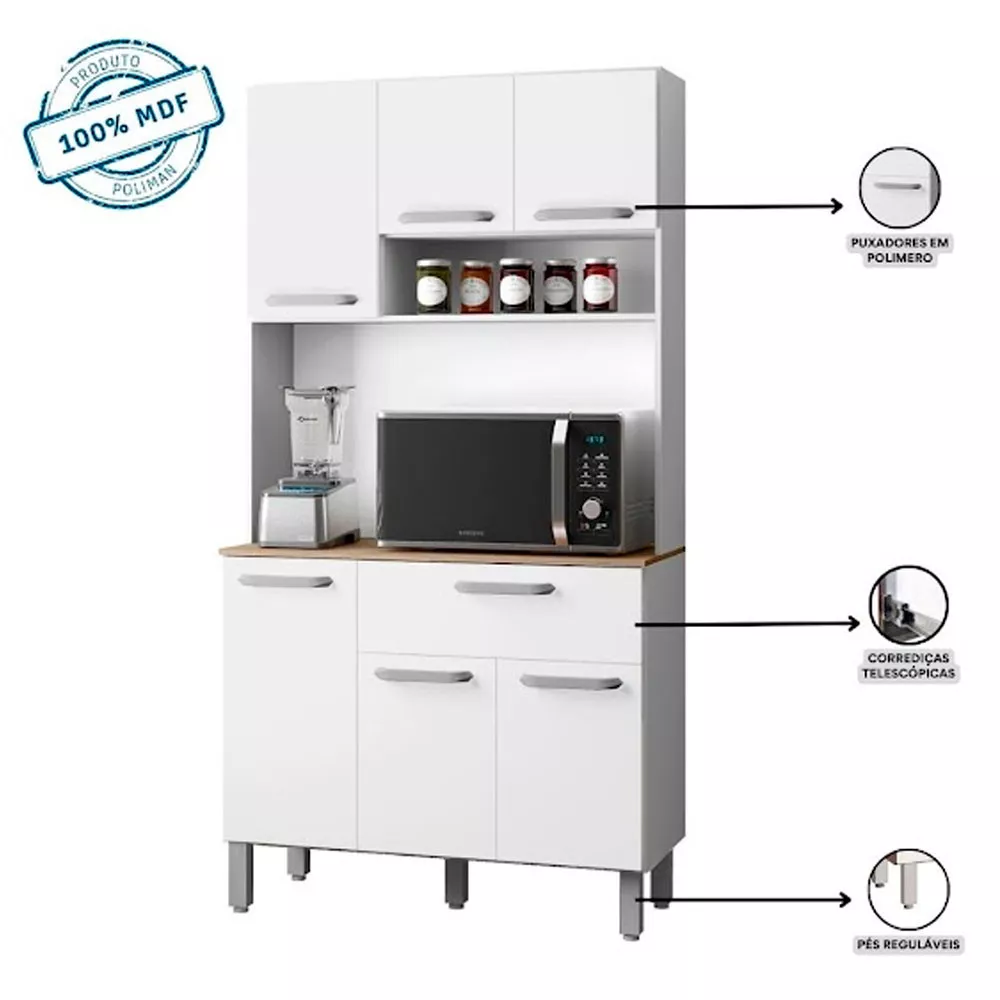 Kit Cozinha 6 Portas 1 Gaveta em MDF Sofia Poliman Móveis