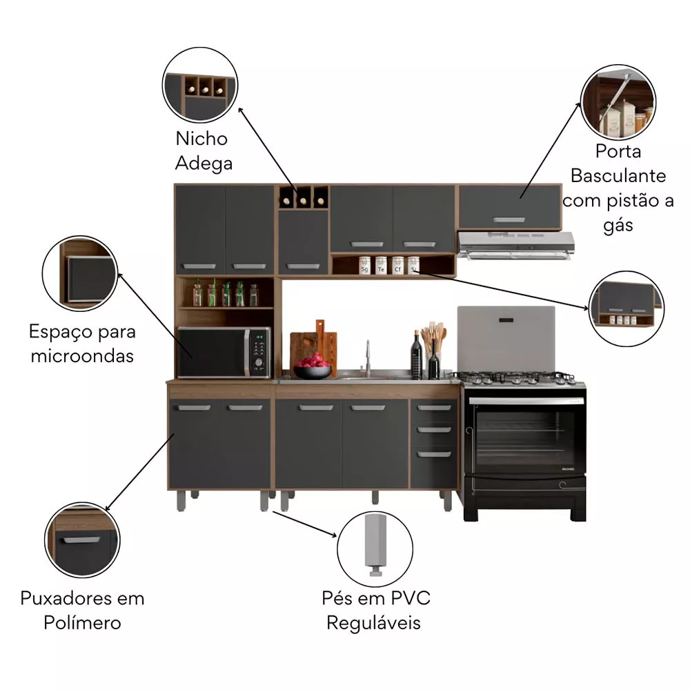 Cozinha Compacta Barcelona 11 Portas e Balcão de pia em MDP Poliman Móveis