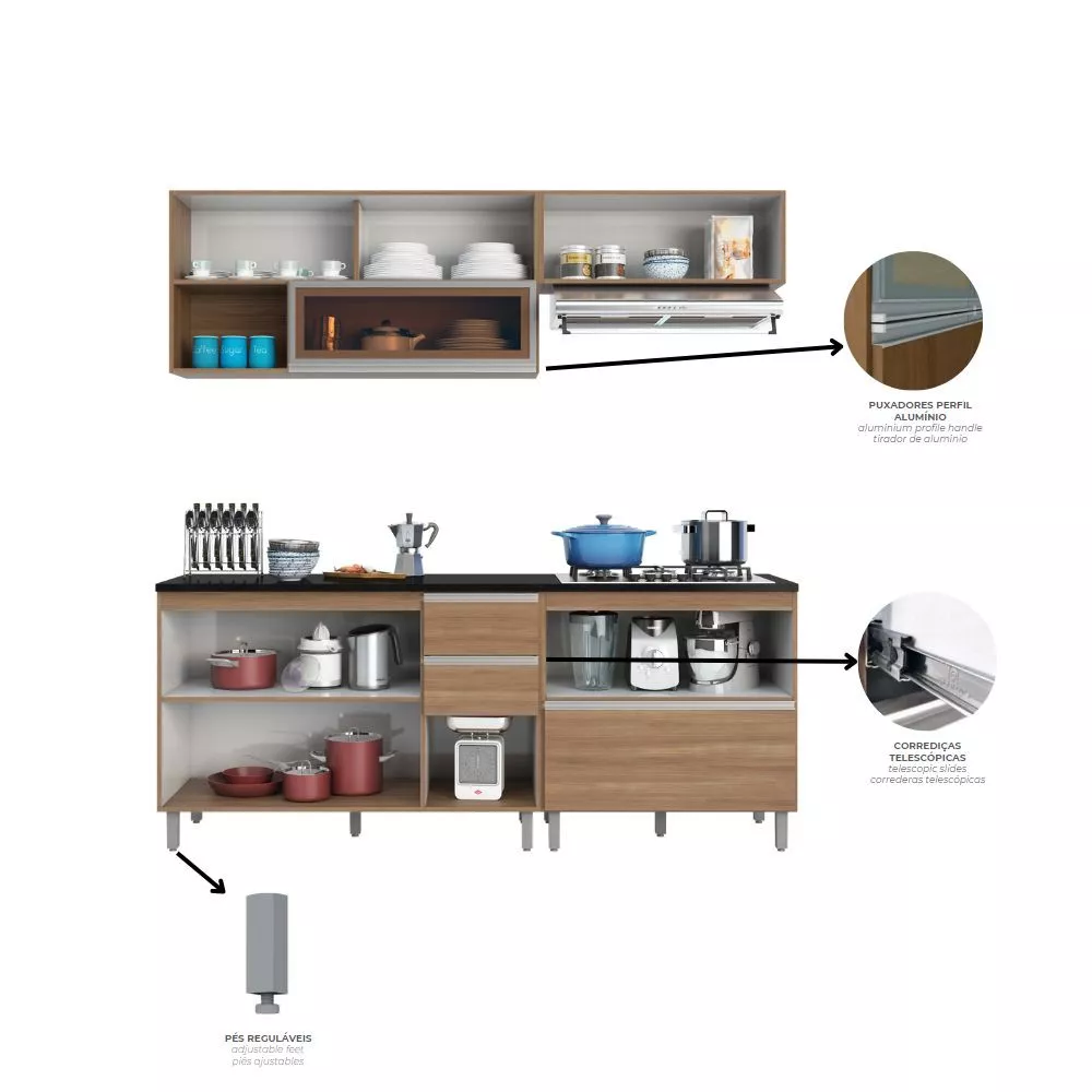 Cozinha Modulada Aérea 4 Peças 7 Portas 3 Gavetas Evidence