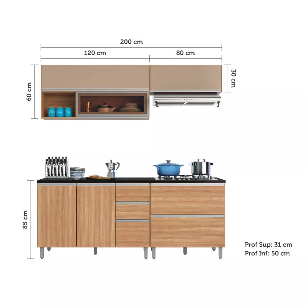 Cozinha Modulada Aérea 4 Peças 7 Portas 3 Gavetas Evidence