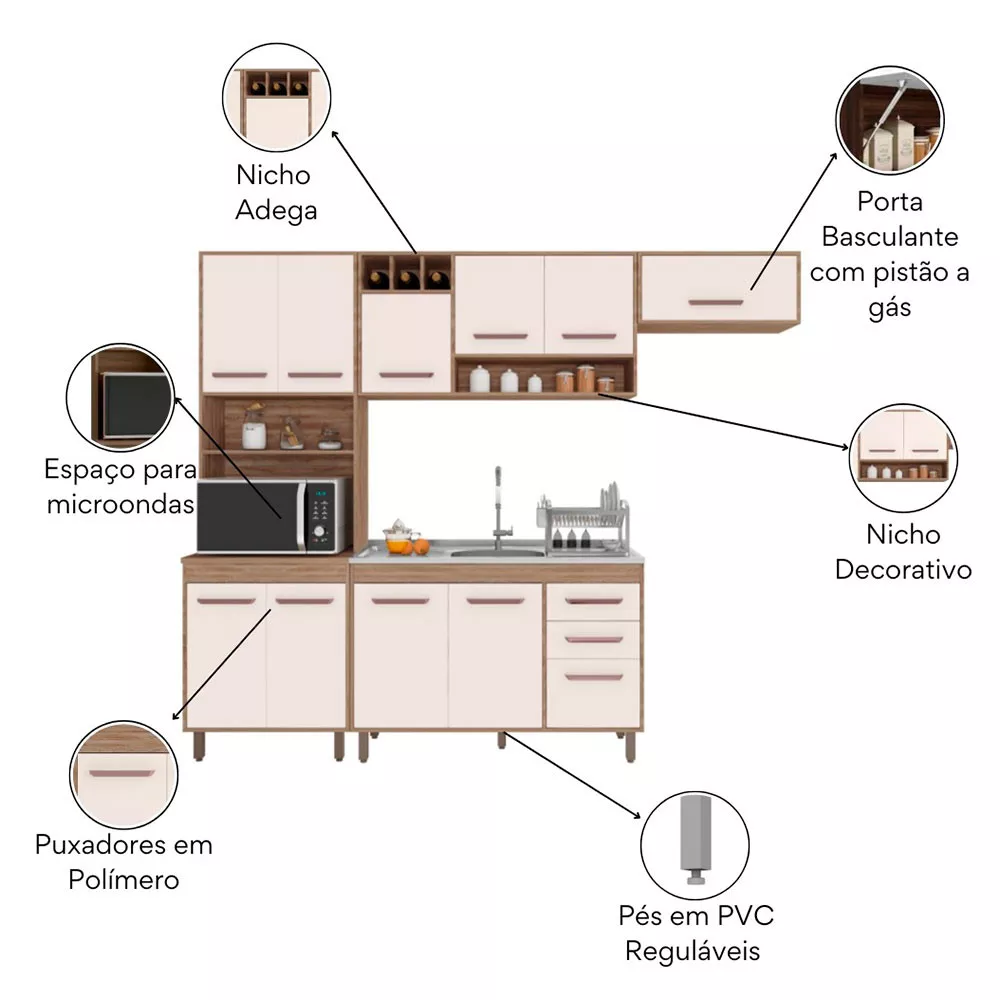 Cozinha Compacta Barcelona 11 Portas e Balcão de pia em MDP Poliman Móveis