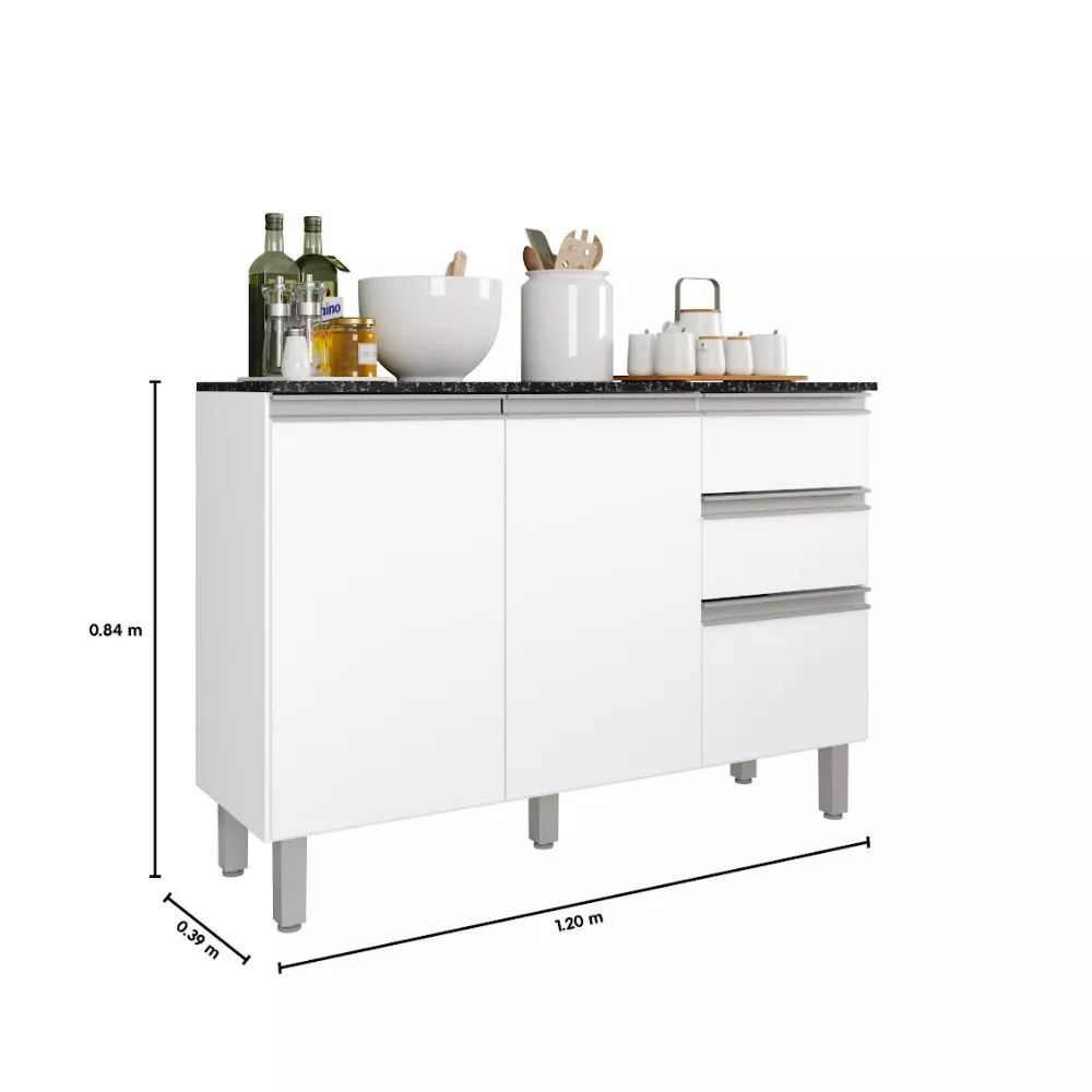 Balcão com Tampo 120 cm 3 portas 2 Gavetas Paris