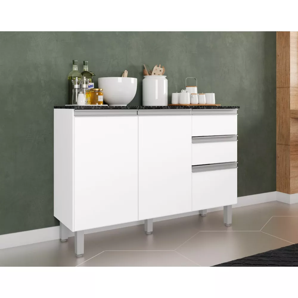 Balcão com Tampo 120 cm 3 portas 2 Gavetas Paris