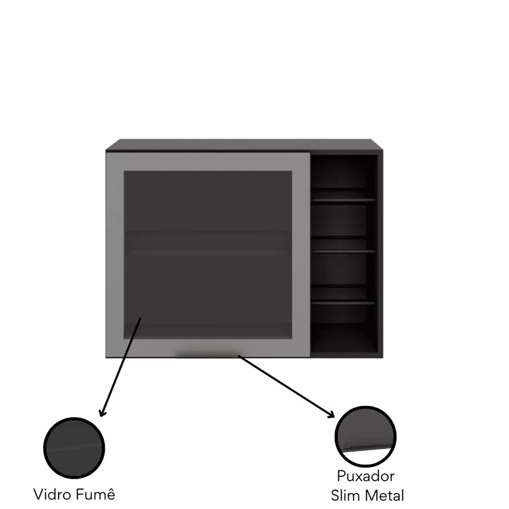 Armário Aéreo 80 cm 1 Porta Vidro Fumê com Adega Etna Poliman