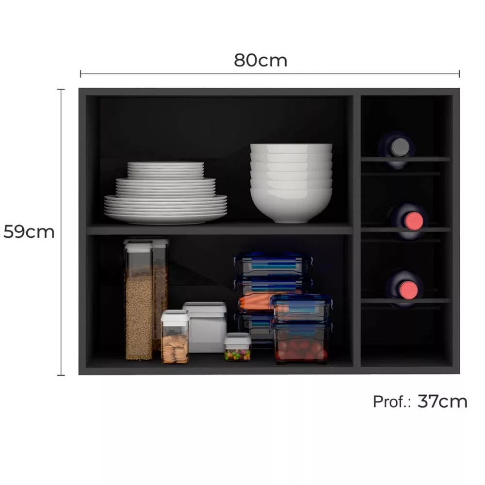 Armário Aéreo 80 cm 1 Porta Vidro Fumê com Adega Etna Poliman