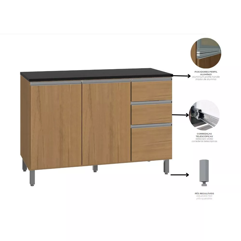 Balcão com Tampo Evidence 3 Portas 2 Gavetas MDP Poliman Móveis