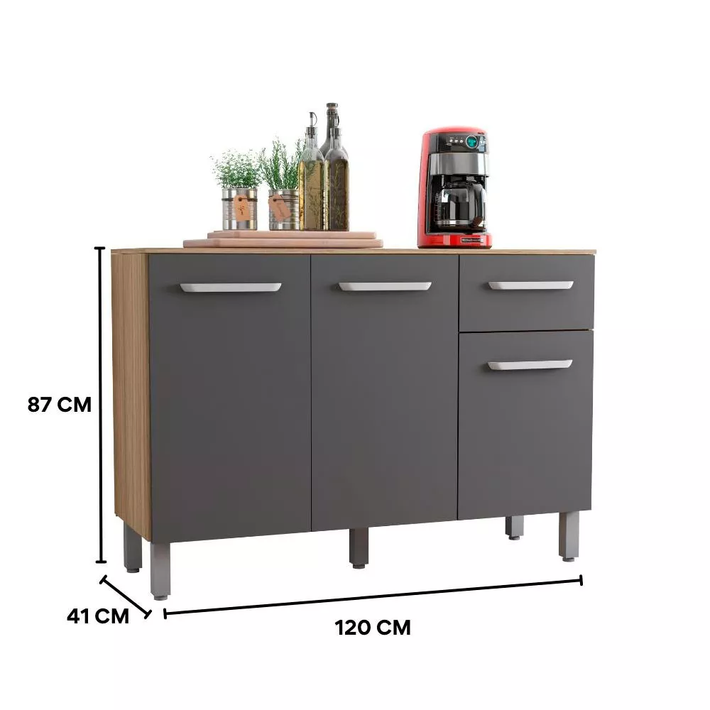 Balcão com Tampo 120cm 3 Portas 1 Gaveta Sintra ou Siena Poliman Móveis