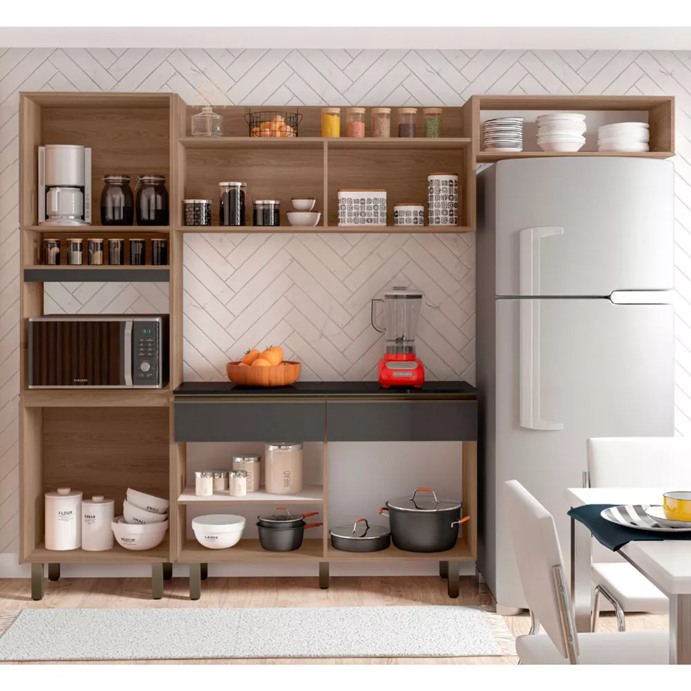 Cozinha Compacta 7 Portas 2 Gavetas Com Balcão Tampo Porto Poliman Móveis