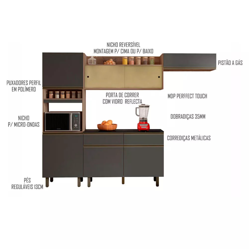 Cozinha Compacta 7 Portas 2 Gavetas Com Balcão Tampo Porto Poliman Móveis