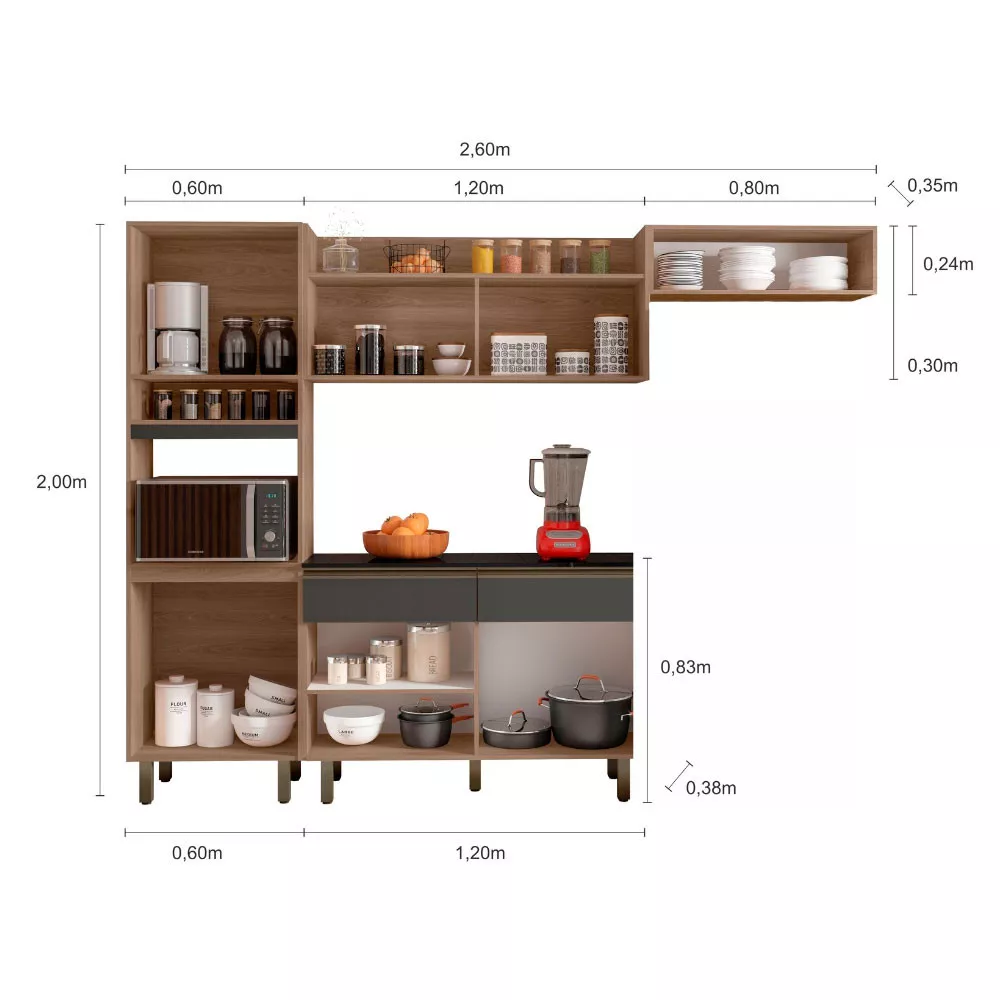 Cozinha Compacta 7 Portas 2 Gavetas Com Balcão Tampo Porto Poliman Móveis