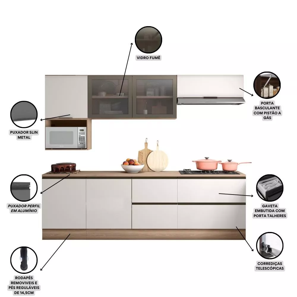 Cozinha Completa Etna 7 peças Balcão Cooktop Poliman Móveis