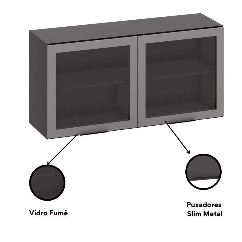 Armário Aéreo 2 portas Vidro 120cm Etna Poliman Móveis