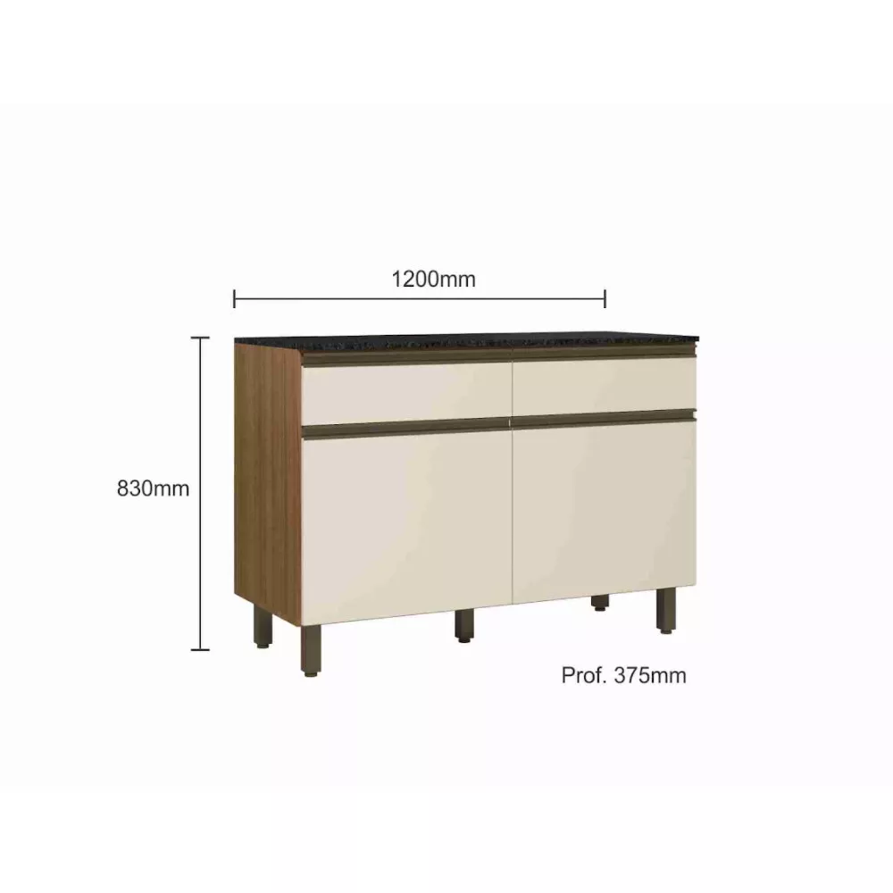 Balcão Cozinha com Tampo 120 cm 2 Portas 2 Gavetas Porto Poliman
