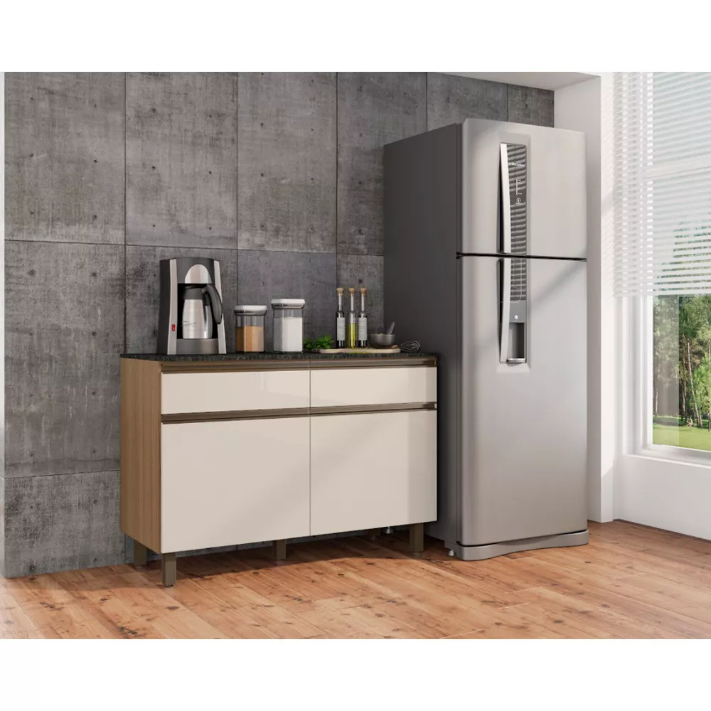 Balcão Cozinha com Tampo 120 cm 2 Portas 2 Gavetas Porto Poliman