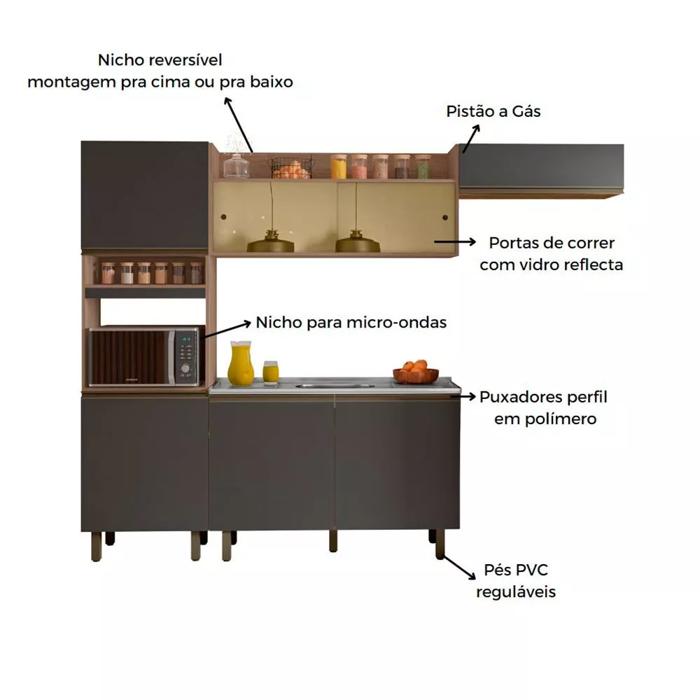 Image 3 of 5 of Cozinha Compacta Porto com Balcão Para Pia e Nicho Micro-Ondas 7 Portas Poliman Móveis