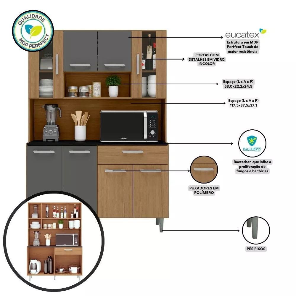Kit Cozinha 8 Portas 1 Gaveta Gabi Poliman Móveis