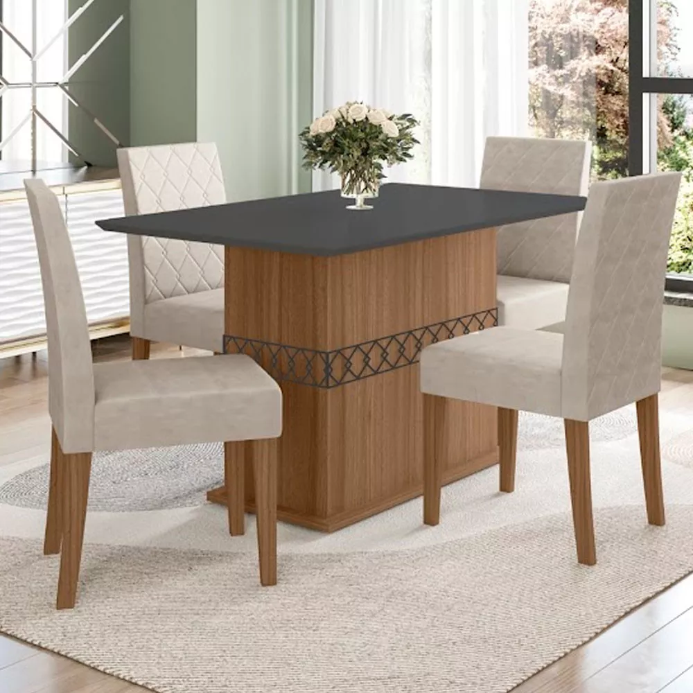 Conjunto Sala de Jantar Mesa com Tampo Chanfrado Agata 4 Cadeiras Estofadas Jade Poliman