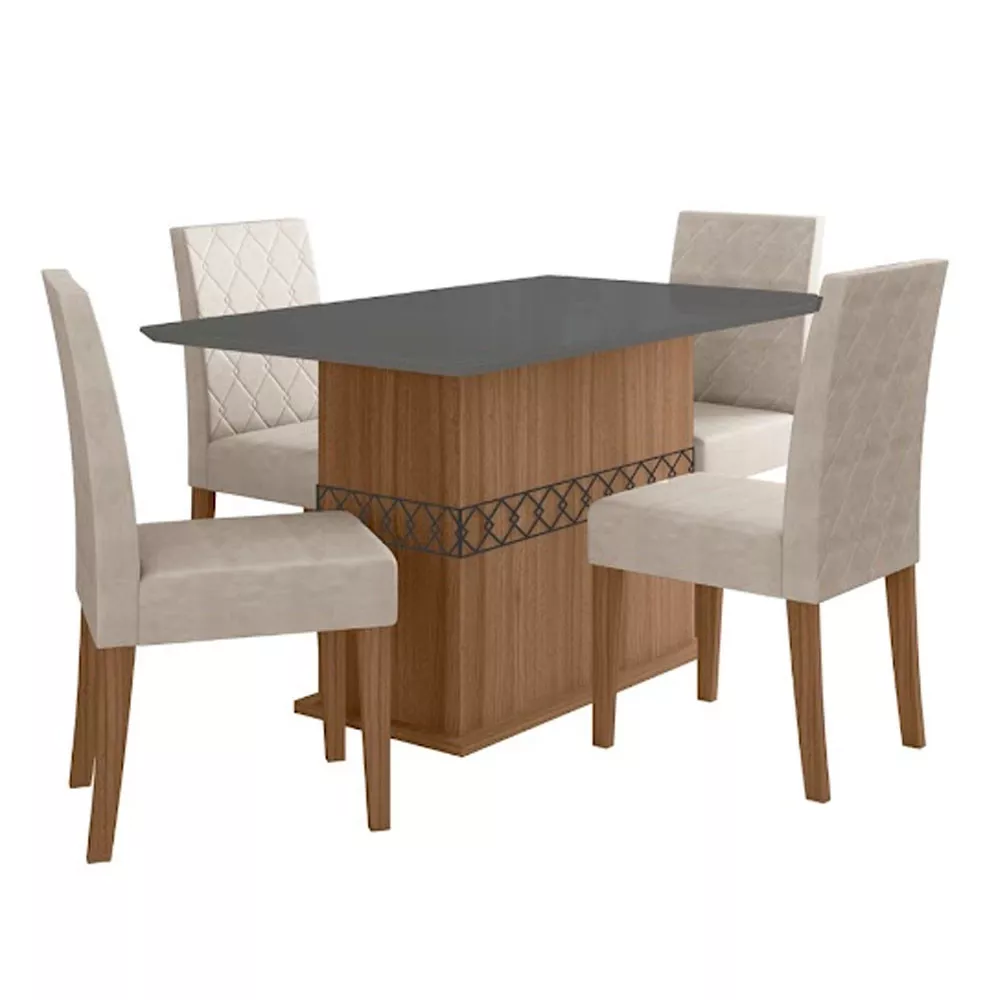 Conjunto Sala de Jantar Mesa com Tampo Chanfrado Agata 4 Cadeiras Estofadas Jade Poliman