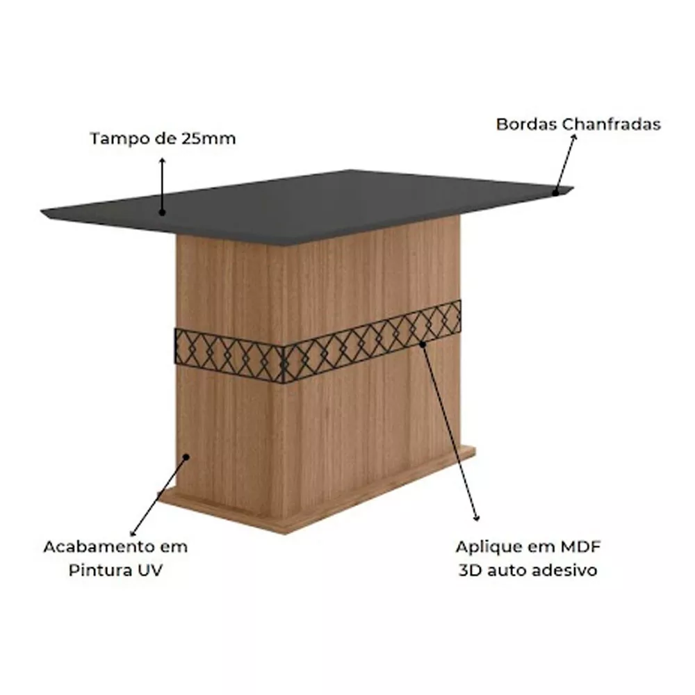 Conjunto Sala de Jantar Mesa com Tampo Chanfrado Agata 4 Cadeiras Estofadas Jade Poliman
