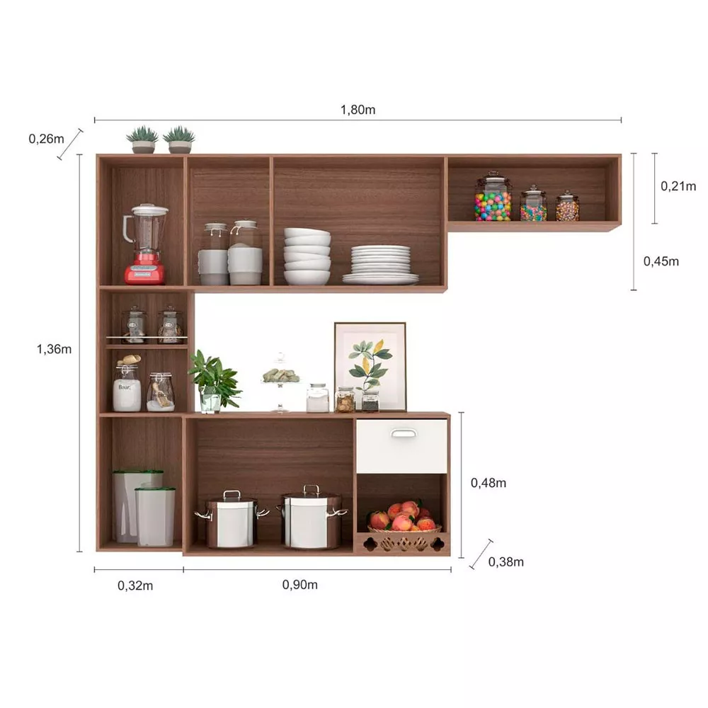 Cozinha Compacta Suspensa Mila 7 portas 1 Gaveta com Corrediças Telescópicas Poliman Móveis