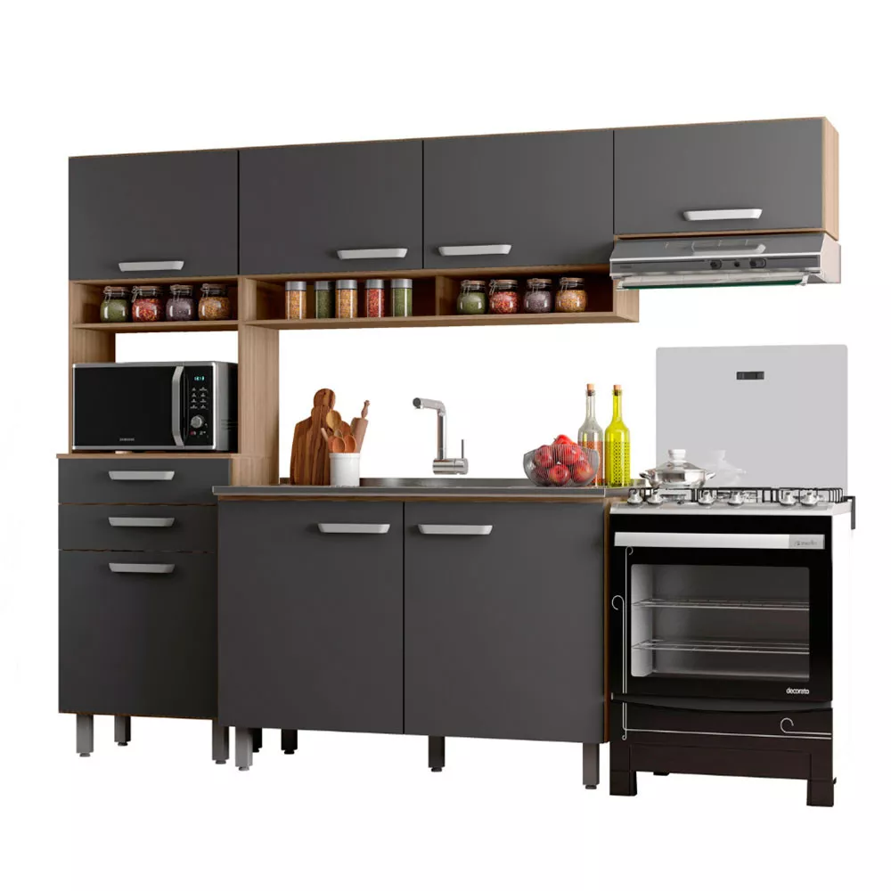 Cozinha Compacta 8 Portas 2 Gavetas e Balcão para Pia e Cuba Siena Poliman Móveis