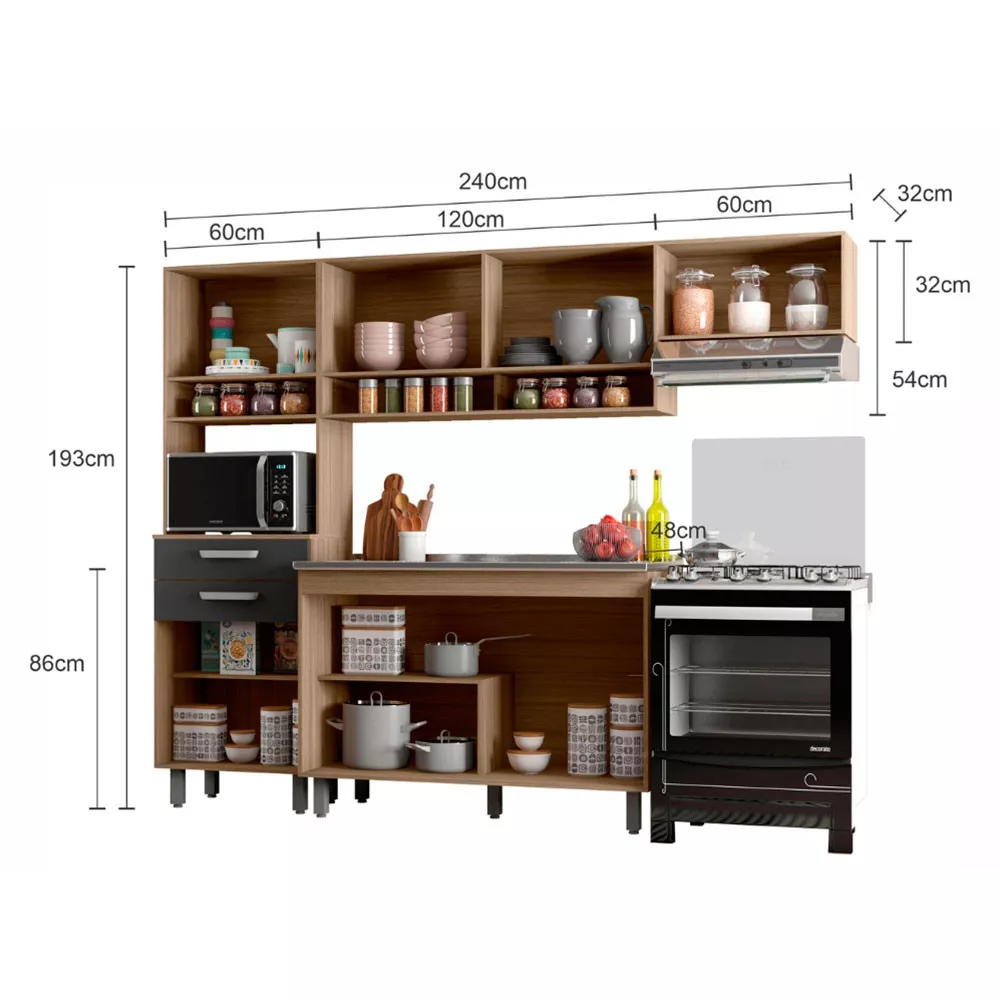Cozinha Compacta 8 Portas 2 Gavetas e Balcão para Pia e Cuba Siena Poliman Móveis