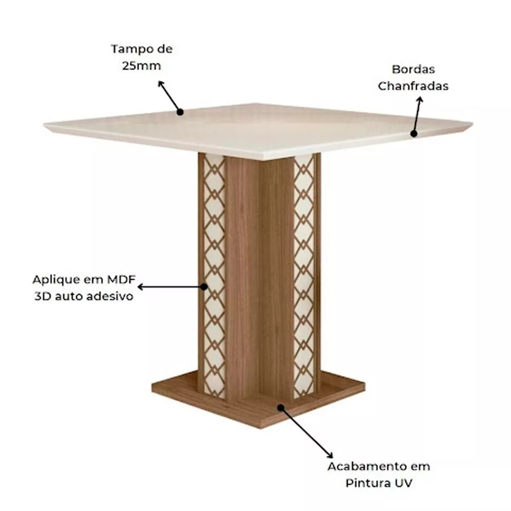 Mesa para Sala de Jantar 90cm Quadrada Tampo Chanfrado Isis Poliman