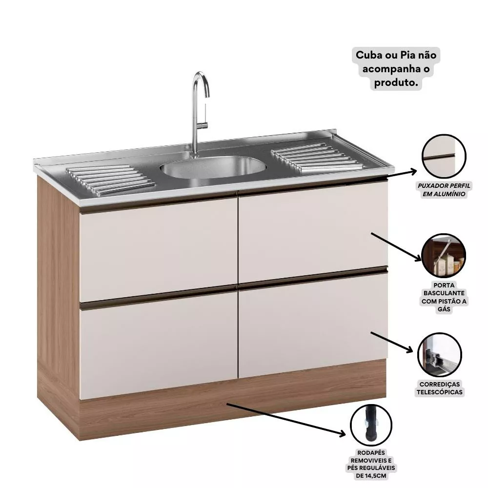 Balcão para Pia e Cuba 120 cm 2 Portas 2 Gavetas Etna Poliman
