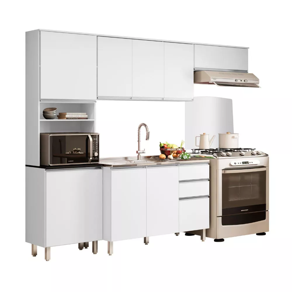 Cozinha Compacta Completa 9 Portas 2 Gavetas e Balcão para Pia com Cuba Paris Poliman Móveis