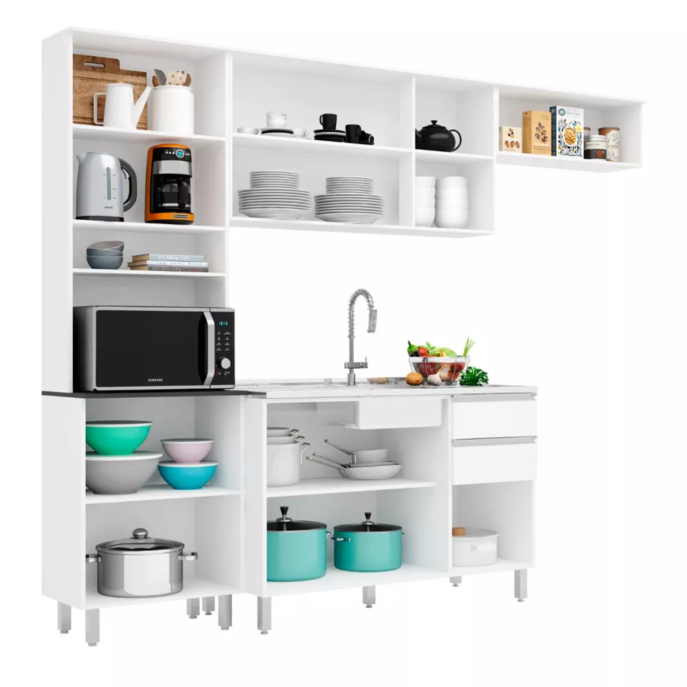 Cozinha Compacta Completa 9 Portas 2 Gavetas e Balcão para Pia com Cuba Paris Poliman Móveis