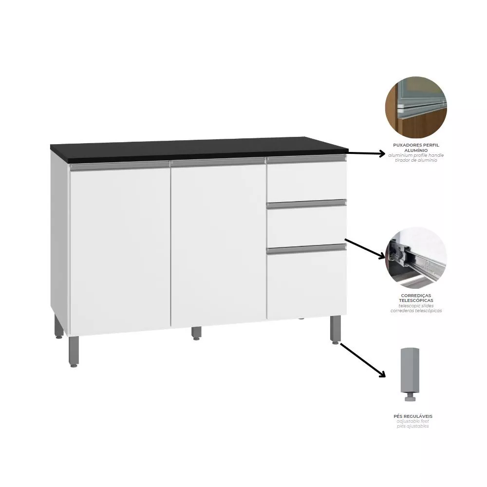 Balcão com Tampo Evidence 3 Portas 2 Gavetas MDP Poliman Móveis