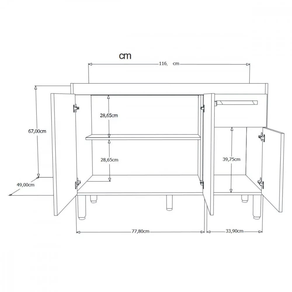 Balcão Flat De Cozinha Para Pia 3 Portas 1 gaveta 1,16 Rorato