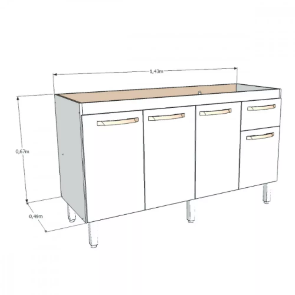 Balcão Flat De Cozinha Para Pia 4 Portas 1 gaveta 1,43 Rorato