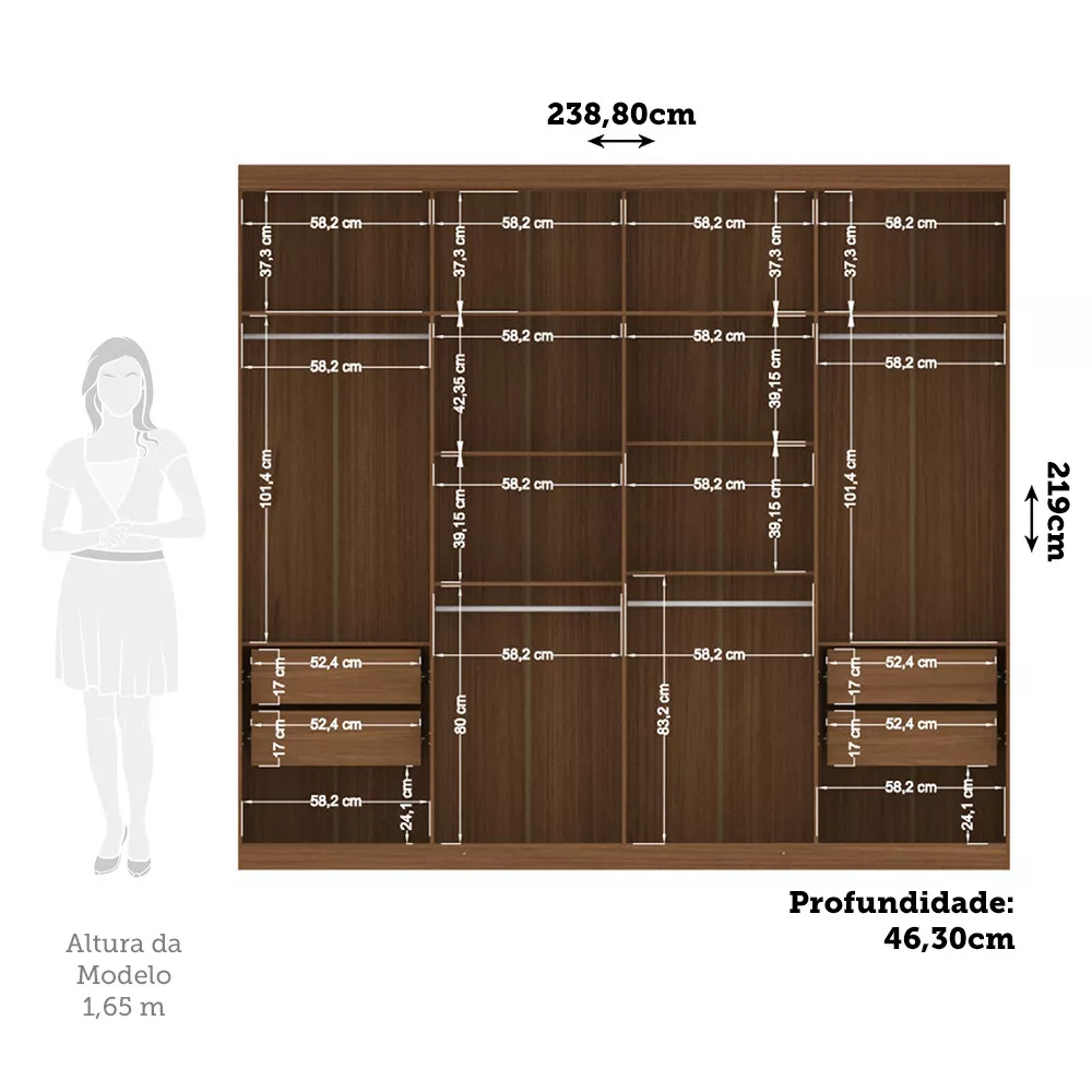 Guarda Roupa Casal 238cm 8 Portas 4 Gavetas com Espelhos Master New Santos Andirá
