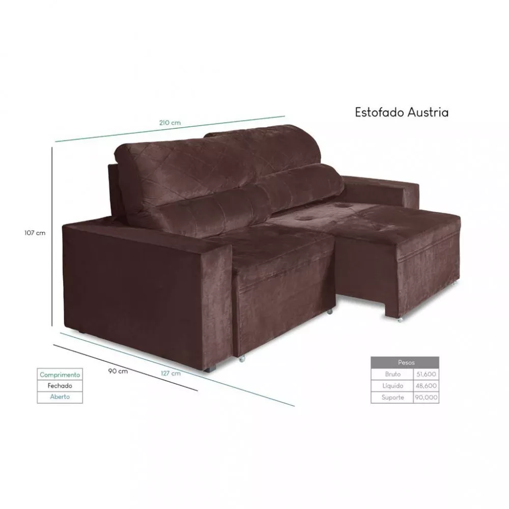 Sofá 3 Lugares 210cm Retrátil Veludo Áustria Berflex Estofados